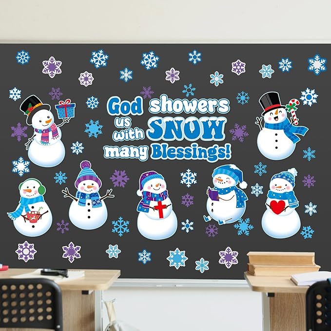 Mooliwe 72 Pcs Religious Winter Bulletin Board Set Snowman Blessings Bulletin Board Cutouts Religious Classroom Decoration Snowflake Snowman Cutouts Winter Xmas Holiday Party Church Classroom Decor