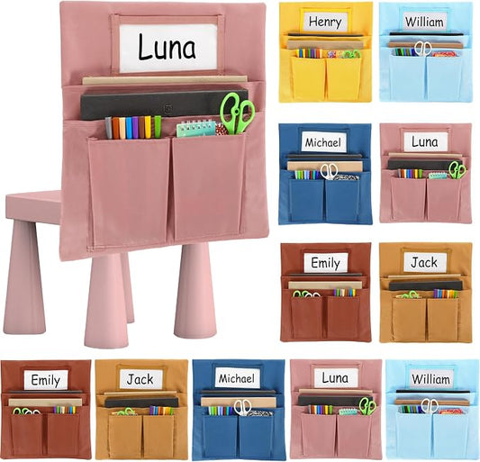gisgfim 12 Pcs Small Chair Pockets for Classroom 13 x 14 Inch Bag with Name Tag Multi Pockets Chairsback Pouch Organizer for Student Kindergarten Elementary Daycare (Groovy)