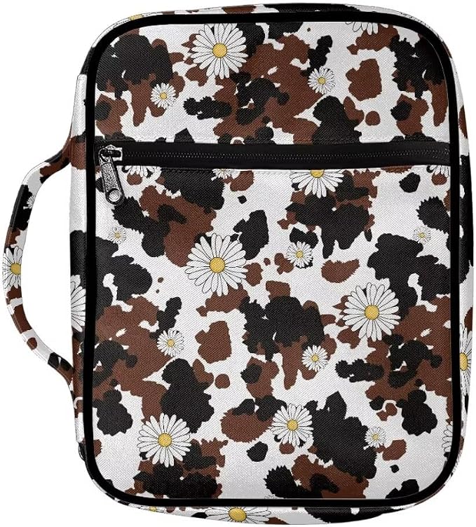 Coldinair Daisy Bible Cover for Women,Canvas Carrying Book Case Brown Cow Print Church Bag Bible Holder with Handle and Zippered Pocket