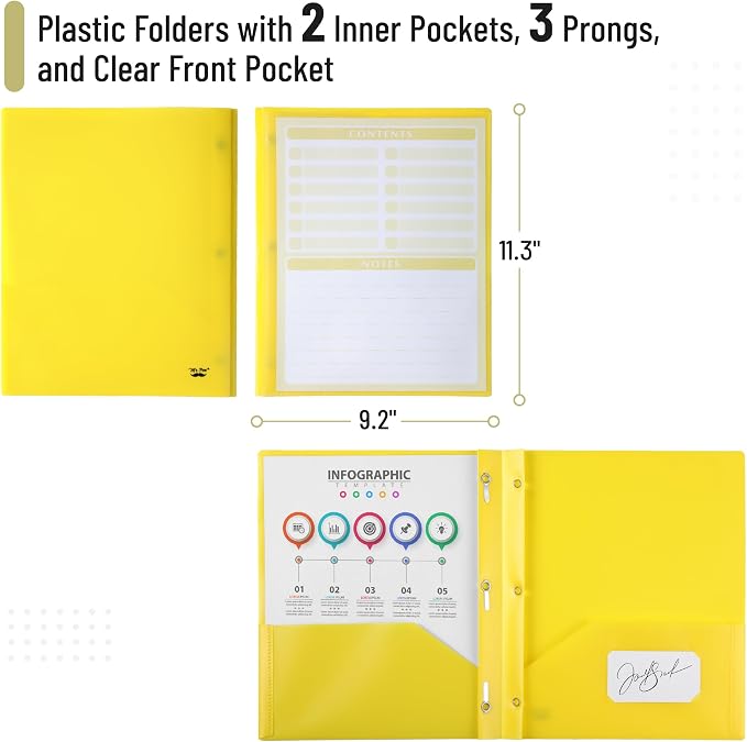 Mr. Pen- Plastic Folders with Pockets and Prongs, 24 Pack, Letter Size, Yellow, Flexible Plastic Folders with Prongs, Clear Front Pocket and Card Slot