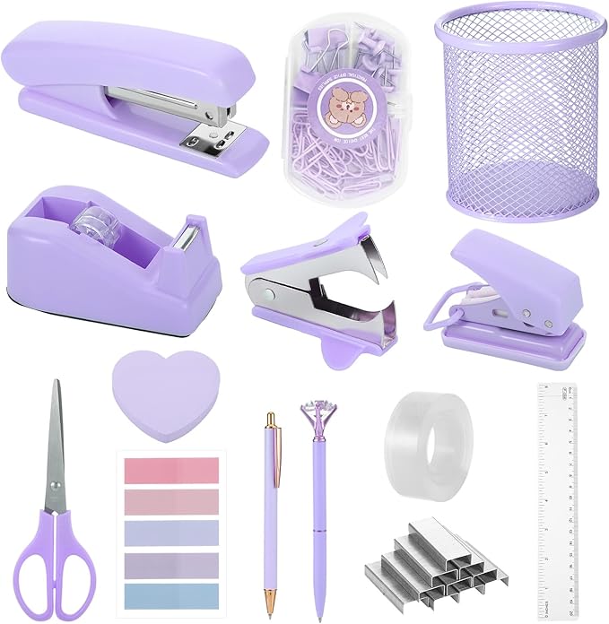 14Pcs Purple Desk Accessories, Purple Office Supplies Desk Supplies Set Office Essentials Stapler and Tape Dispenser Set, with Paper Clips Staple Pen Holder Staple Remover Back to School Supplies