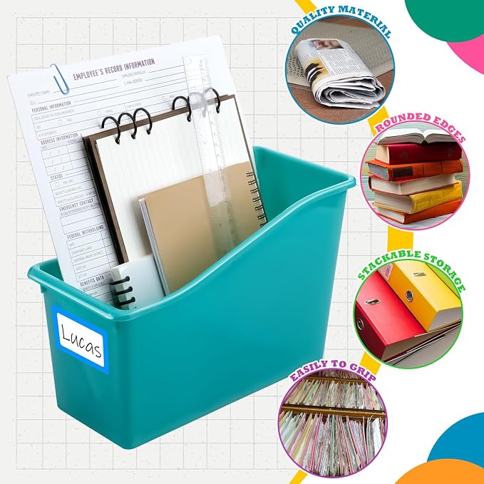 Jinei 24 Pack Fresh Riverside Color Book Bins for Classroom Bulk Binder Holders with Name Labels Plastic Organization Book Baskets Teacher Storage Boxes for Classroom Home Office