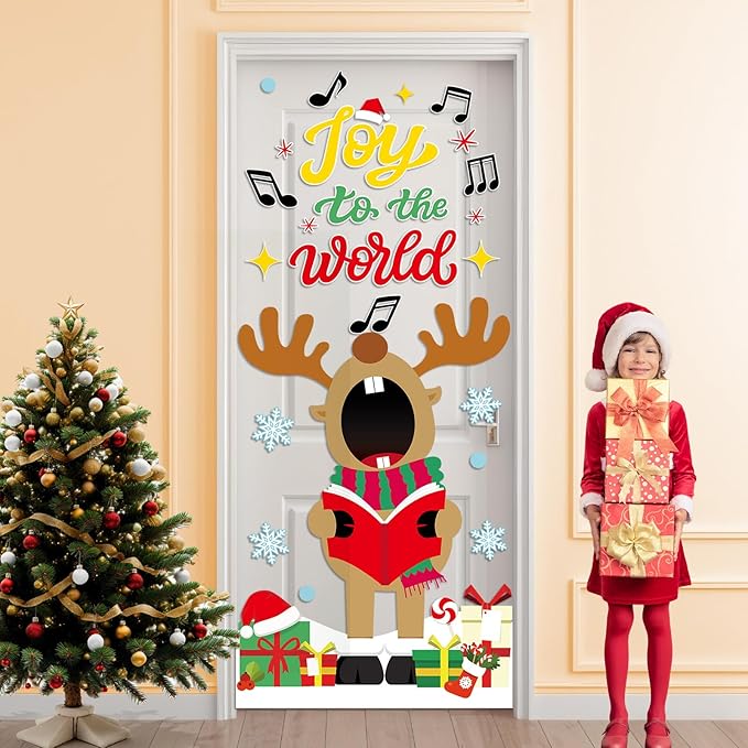 Christmas Deer Music Bulletin Board Door Decorations Xmas Joy to The World Classroom DIY Photo Crafts Singing Elk Snowflake Paper Cutouts Winter Party Favors School Home Chalkboard Door Decor Supplies