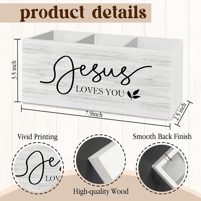 Christian Jesus Loves You Pen Pencil Holder Organizer for Desk Accessories, Religious Bible Verse Wooden Box Sign Desk Decor for Home Office Decoration, Christian Gifts for Women Men