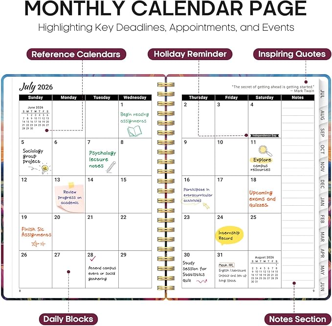 Planner 2026-2027, Academic Year Monthly and Weekly Calendar Planner, Jul 2026 - Jun 2027, Hardcover Teacher Student Planning Agenda book with Tabs, Perfect for School Office Supplies, 6.3" x 8.5" - Radiant Pastures