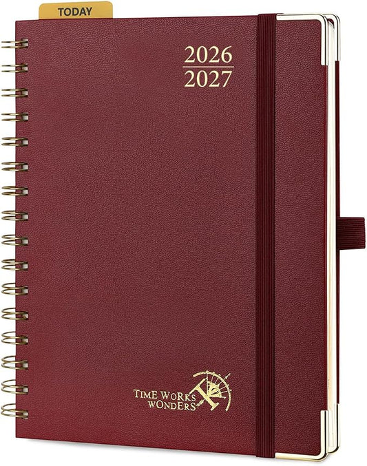 POPRUN 2026-2027 Academic Year Weekly and Monthly Planner Calendar,Jul 2026 - Jun 2027，6.25" x 8.5",Daily Agenda Book & Appointment Book with Hourly Schedule, Tabs, Hardcover, School and Office Supplies - Burgundy