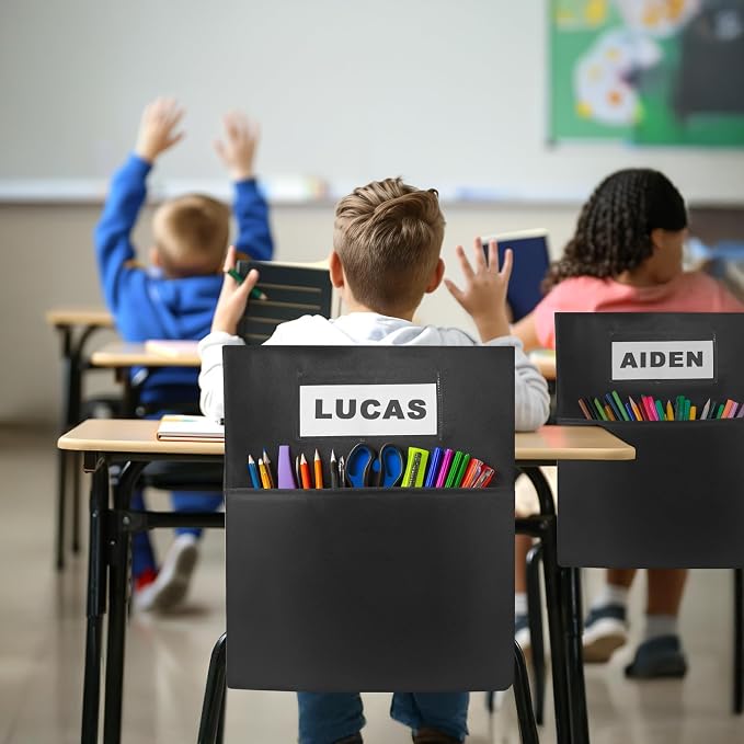 24 PCS Chair Pockets forClassrooms,19.5"x16.5" Seat Sacks for Classroom ChairsK-2, Classroom Student Chair Pockets for Kindergarten,Classroom,School, and Home Seating Storage, Black.