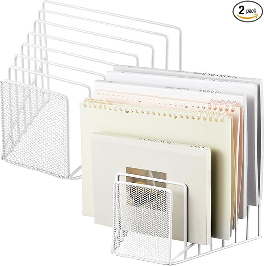 2 Pcs 7 Section Wire File Organizer for Desk, Metal Mesh Incline File Holder, Letter & Magazine Folder Rack, Desktop Paper Sorter for Home Office Back to School (White)