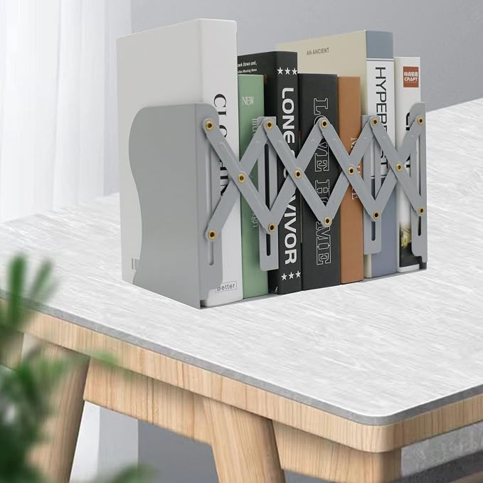 Adjustable Metal Bookends Heavy Duty for Shelves, 2 Dividers, Anti-Slip Design Expandable Book Ends for Desk, Office(Gray, 19 inches Max)