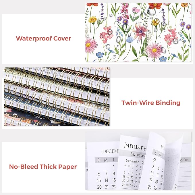 SKYDUE Monthly Planner 2026-2027, 24 Months Calendar Planner 2026-2027, 7.5" x 10" B5 Planner, Twin-wire Spiral Bound, Durable Waterproof Cover, Thick No-Bleed Paper, Floral