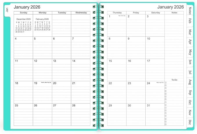 Tiankool Planner 2026, Jan 2026 - Dec 2026 Weekly Monthly Planner with 12 Monthly Tabs and Elastic Closure, Inner Pocket, Round Corner,5.8" x 8.25"- Turquoise