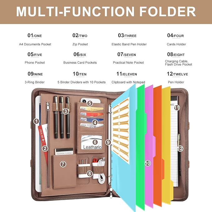 Leathario Portfolio Binder, Includes 5 Folder Index Dividers, 13 Inch Tablets Organizer with Handle, Vegan Leather A4 Padfolio, Multi-Pocket Notepad Business Planner Professional Document