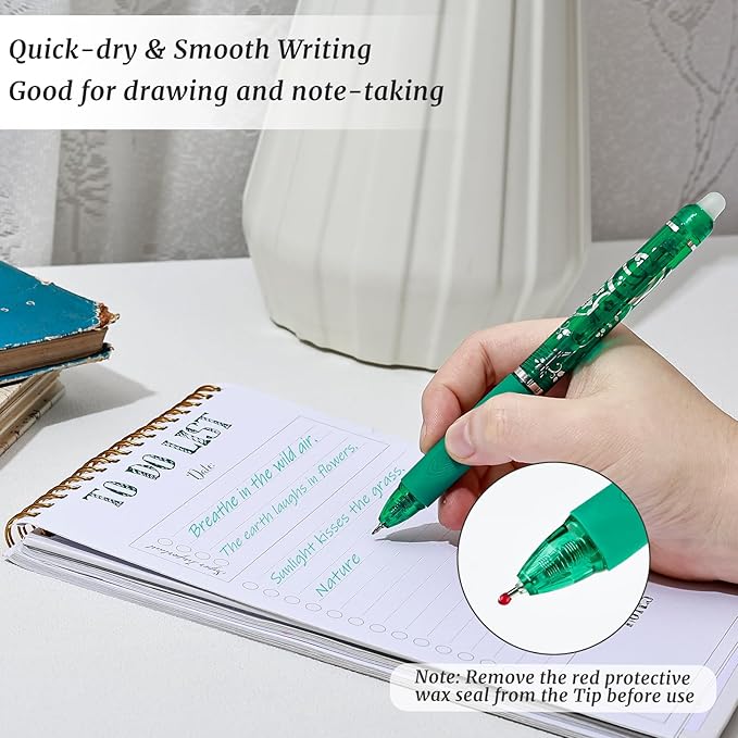 6 Pcs Retractable Erasable Pens, Colored Gel Green Ink Pens Clicker with Erasers, 0.5mm Fine Point Smooth Writing Pen for Journaling Note-Taking Crossword Puzzles Supplies (Green)