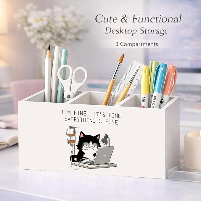 I’m Fine It’s Fine Everything’s Fine Cat Desk Organizer, 3-Compartment Wooden Pencil Holder for Pens, Pencils, Scissors & Ruler, Funny Cat Quote Storage Box for Kids, Home & Office