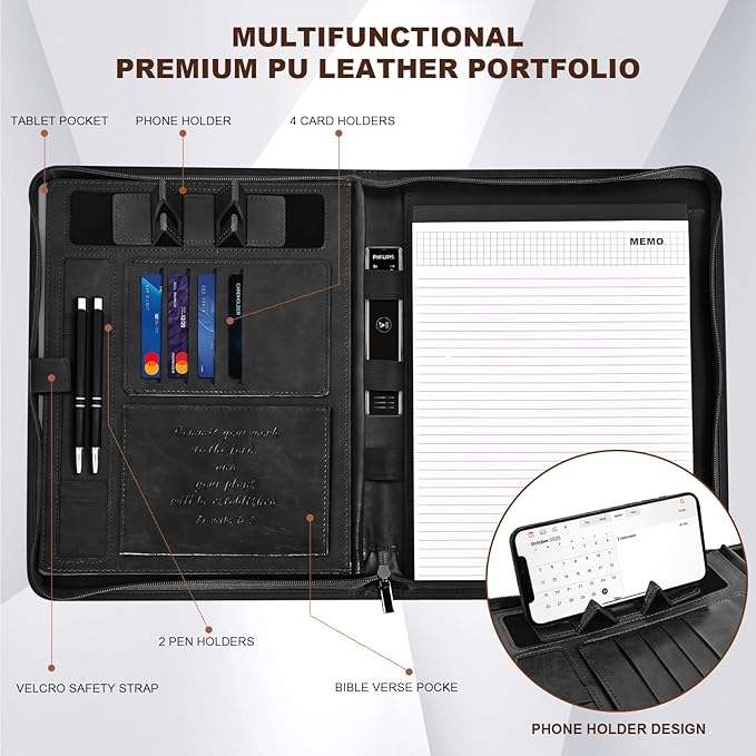 Leather Portfolio for Men, Christian Religious Gifts for Men with Laptop Pocket, Padfolio Binder Folder with Zipper for Women, Business Large Organizer Case for Bible Notebook Notepad Phone (Black)