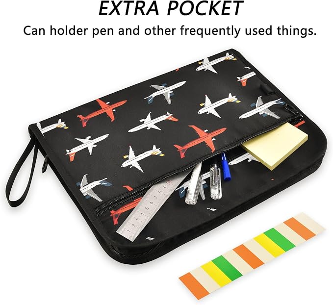 ALAZA Airplane Black 13 Pocket Expanding File Folder with Labels, Accordion File Folder File Organizer Letter A4 Paper for Office School Student