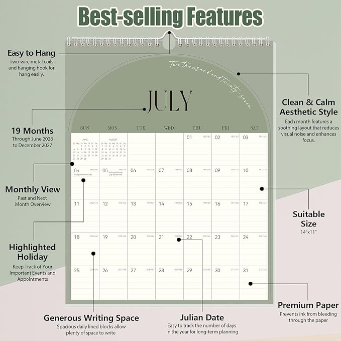 Guasslee Wall Calendar 2026-2027, Vertical Wall Calendar 2026, Jun. 2026-Dec. 2027, 19-Month Paper Calendar Spiral Bound, Monthly Planner Wall for Office School Home Easy Organizing, 14" X 11