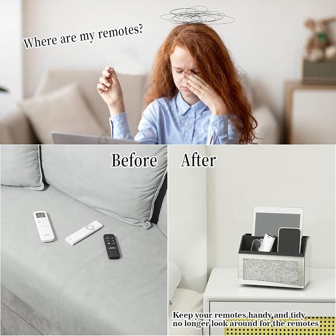 360 Rotating TV Remote Control Holder Storage Caddy for Pad Phone Pen and Pencils, Makeup Brush, Silver Crushed Diamond Desk Organizer for Bedroom Livingroom