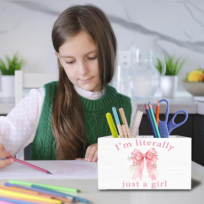 Pink Rose Coquette Bow Pen Holder for Desk, Preppy Girly Bow Pencil Organizer, I'm Literally Just a Girl Wooden Box Sign Desk Decor for Girls Bedroom Dorm Home Office Decoration