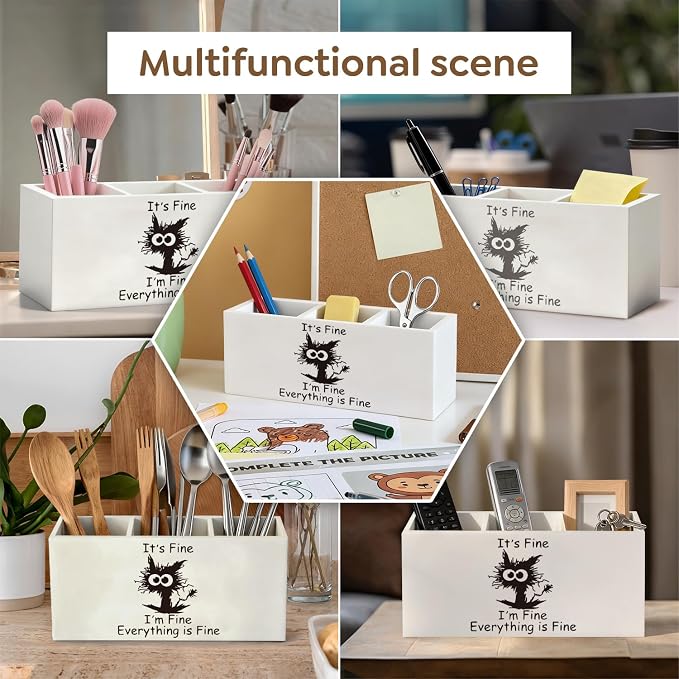 Funny Black Cat Pen Pencil Holder, Black Cat Mom Lovers Gifts for Women Wood Desk Organizer and Accessories, It's Fine Everything Is Fine Funny Makeup Brush Holder Organizer for Bathroom Vanity