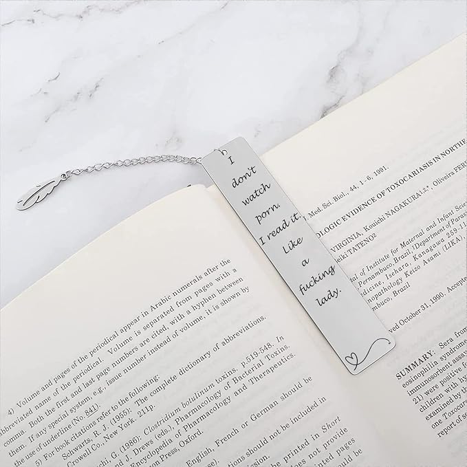 Teniinet Metal Bookmark Gift, 'I Don't Watch Porn. I Read it Like a Fking Lady' Stainless Steel Leaf Pendant Book Mark with Box for Women, Men, Friends, Teacher, Classmate, Book Lovers