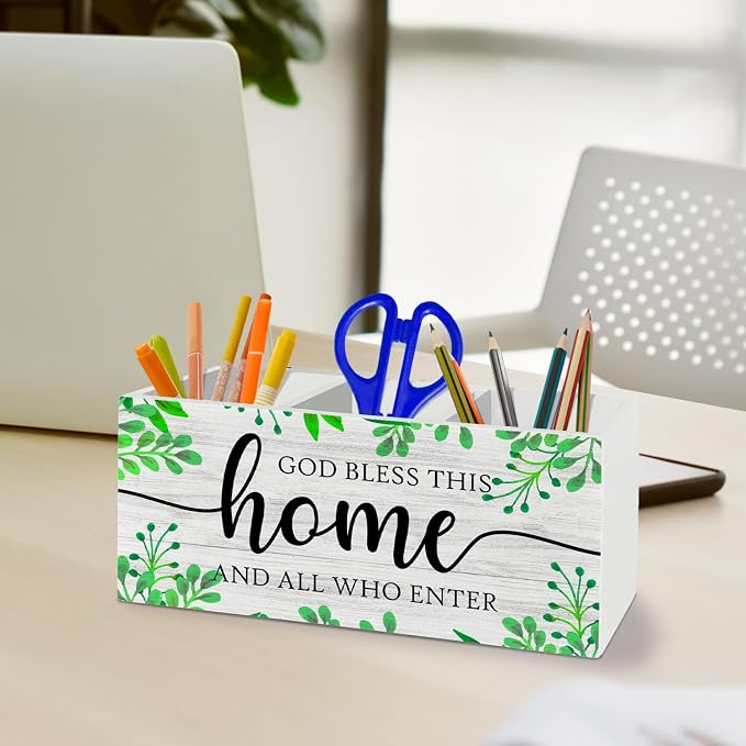 Christian Pen Pencil Holder Organizer for Desk Accessories, Bless This Home Bible Verse Wooden Box Sign Desk Decor for Home Office Decoration, Christian Gifts for Women Men, Housewarming Gifts