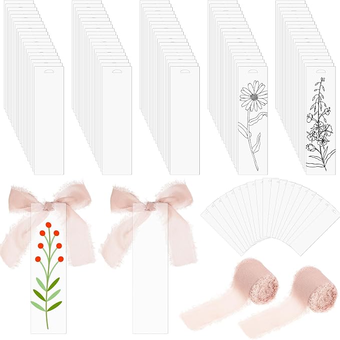 Yeaqee 100 Pcs Acrylic Bookmark Blanks Clear Bookmarks Acrylic Tags with 2 Rolls Ribbon DIY Craft Transparent Bookmark for Reading Lovers for School Presents(4.7 x 1.3 Inch,Light Pink)