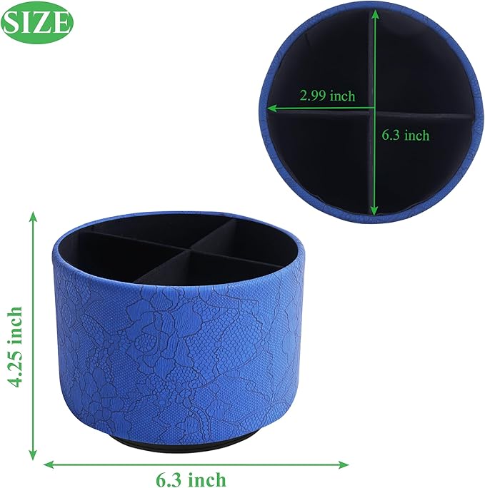Round Leather Art Supply Organizer,Remote Control Holder,360 Degree Spinning,Multi-Functional Pencil Holder,4 Compartments Desktop Stationary Organizer(1-Lace Flower Blue)