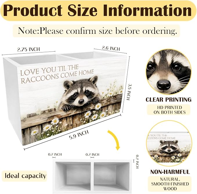 Farmhouse Daisy Floral Raccoon Pen Holder for Desk, Raccoon Lover Gifts Pencil Organizer, Funny Trash Panda Wooden Box Sign Desk Decor for Kids Girls Room Nursery Decoration