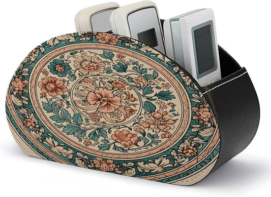 Remote Control Holder,Circular Pattern Printed PU Leather Remote Caddy Desktop Organizer with 5 Compartments for Media Accessories & Office Supplies Storage