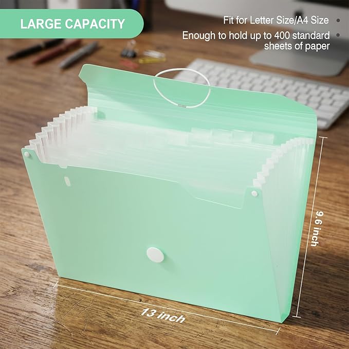 Comix Accordion File Organizer, 13 Pocket Expanding File Floder with Labels for A4/Letter Size Documents, Accordion File Folder for Office, Home, School（Green）