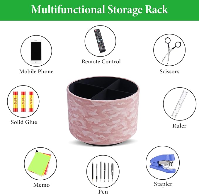 Round Leather Art Supply Organizer,Remote Control Holder,360 Degree Rotating,Multi-Functional Pencil Holder,4 Compartments Desktop Stationary Organizer(1-Camouflage Pink)