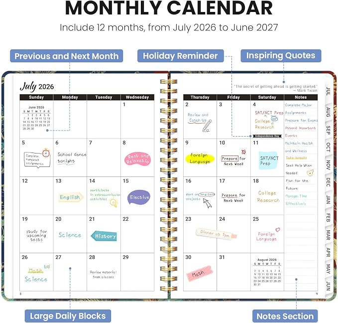 Planner 2026-2027, Monthly and Weekly Calendar Academic Planner July 2026 - June 2027, Hardcover Student Teacher Planning Agenda Book with Tabs, Perfect for Office School Supplies, A5 (6.3" x 8.5") - Jungle Elegance