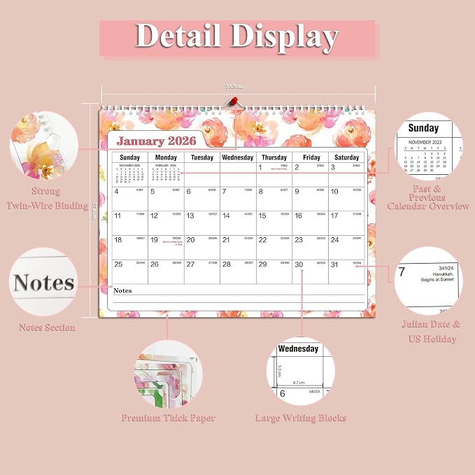 Ymumuda Wall Calendar 2026-2027,11"×14", 18 Months from JAN. 2026 to JUN. 2027, Hanging Calendar Spiral Binding, Unique Monthly Calendar for Easy Planning，Perfect for School Office Work Schedule