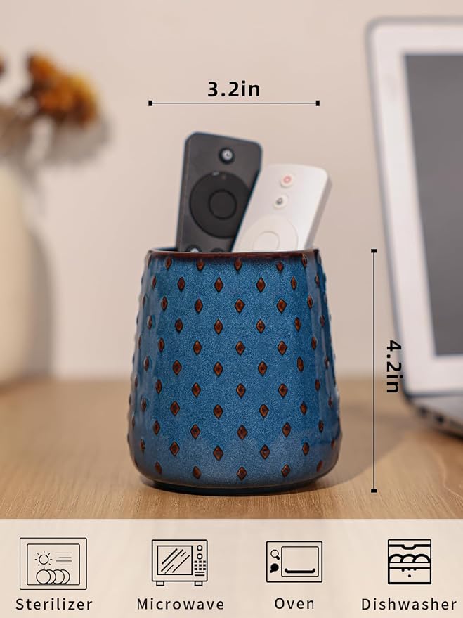 GDCZ Ceramic Remote Control Holder, Remote Caddy Organizer Storage, Remote Organizer for Table, TV Remote Holder, Makeup Brush Pen Holder, 4.2" (Blue)