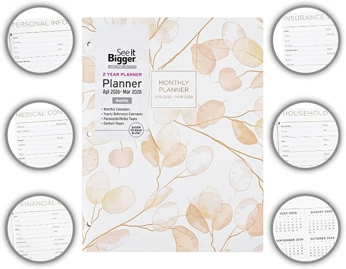 PlanAhead Home/Office 2-Year Monthly Planner, April 2026 – March 2028, 8.5 x 11 Inches and Customized Color Pen (Flowers)