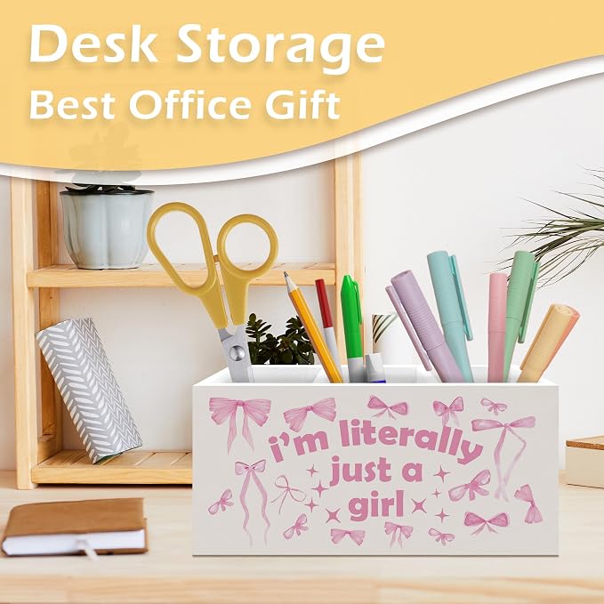 Pink Coquette Bow Pen Pencil Holder, Preppy Room Decor, Girly Desk Accessories, I'm Literally Just a Girl Wooden Pen Pencil Organizer for Girls Room Dorm Bedroom Office Desk Decor