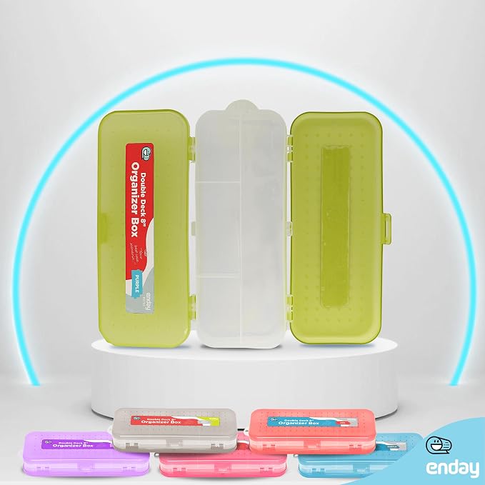 Enday Pencil Box Green, Plastic Double Deck Pencil Case with 7 Compartments, Box Organizer with Snap Closure for Home and Office