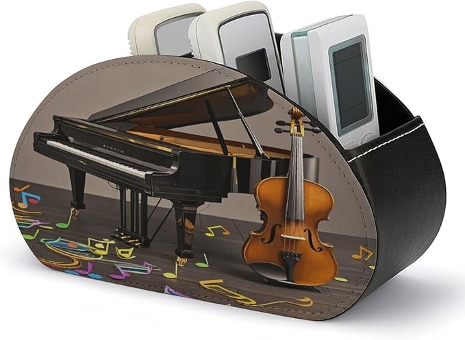 Leather Remote Control Holder with 5 Compartments Piano Violin Music Notes Remote Caddy Desktop Organizer Store TV Remote Holder Remote Organizer for Bedside Table Office Desk