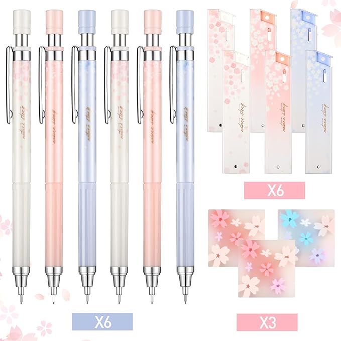 15 Pcs 0.5 mm Mechanical Pencil Set Include 6 Pcs Japanese Cute Pencils with 6 Tubes Pencil Refill and 3 Cute Cherry Erasers for Sketching Architecture Drawing