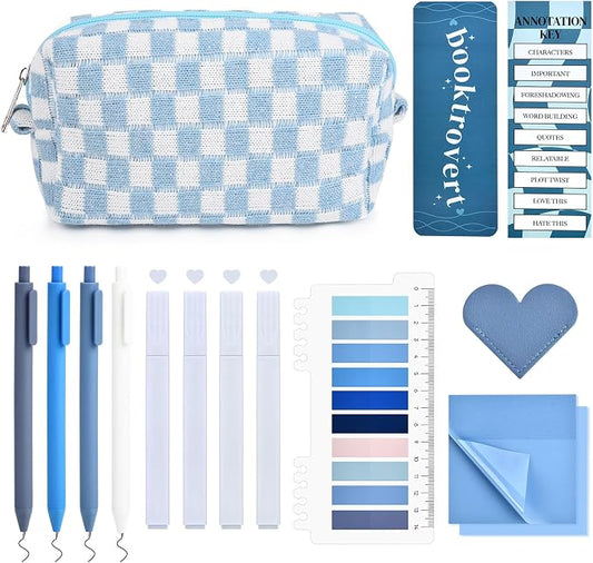 14 PCS Aesthetic Book Annotation Kit Large Checkered Pencil Case Book Lover Bookmark Dual Highlighters Gel Pens Study Supplies Stationary Set for Student Blue