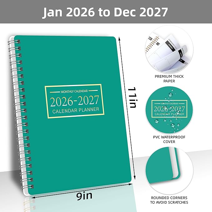 Monthly Planner Jan 2026 - Dec 2027, Monthly Planner for 24 Monthes, 9×11 Inch, Teacher Monthlys, Hard PVC Cover, Spiral Bound, Time Management Calendar, Perfect for School & Office (Blue)