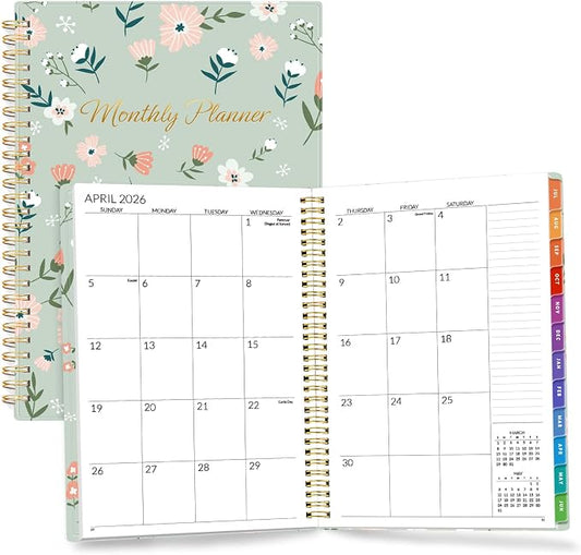 SUNEE Monthly Planner 2026-2027 - 18 Months Calendar Planner from Jul 2026 to Dec 2027, 7"x10" Yearly Planner with Tabs, Spiral Binding, Organizer for School Office Home, Green Wildflowers