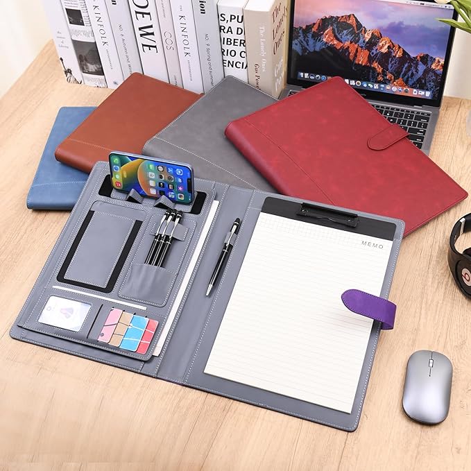 Wason Portfolio Padfolio A4 Leather PU Folder File Document Holder Case with Writing Pad Removable Clipboard Card Stationary Case Phone Tablet Stand for Organizer Office Travel School (Red Wine)
