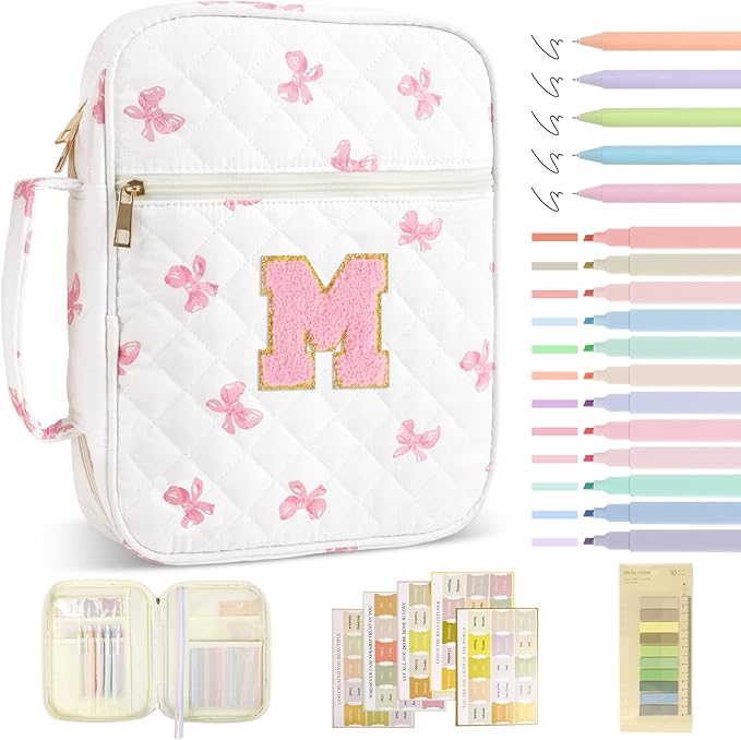 Personalized Initial Bible Cover Case for Women Girls Kid - Large Quilted Bible Case with Handle,Chenille Letter Bag Study Supplies,Christmas Gifts for Christians Birthday Graduation(Pink Bow-M)