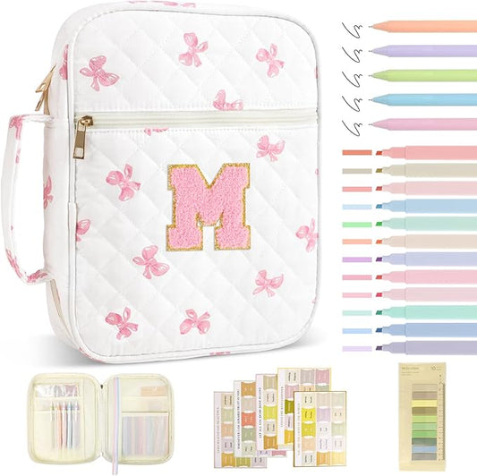 Personalized Initial Bible Cover Case for Women Girls Kid - Large Quilted Bible Case with Handle,Chenille Letter Bag Study Supplies,Christmas Gifts for Christians Birthday Graduation(Pink Bow-M)