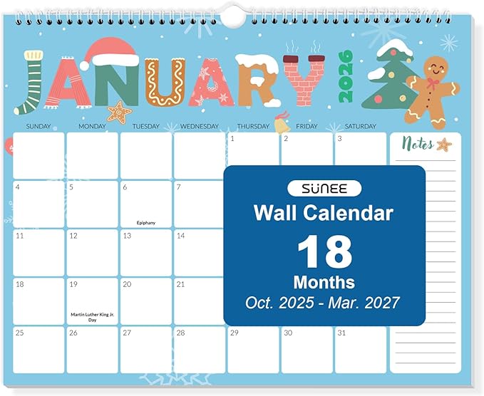 SUNEE 2026 Calendar- 18 Months Oct. 2025 - Mar. 2027, 14.5"x11.5" Big Grid Hanging Calendar 2026 with Note for Organizing & Planning, 2026 Wall Calendar with Note, Cute