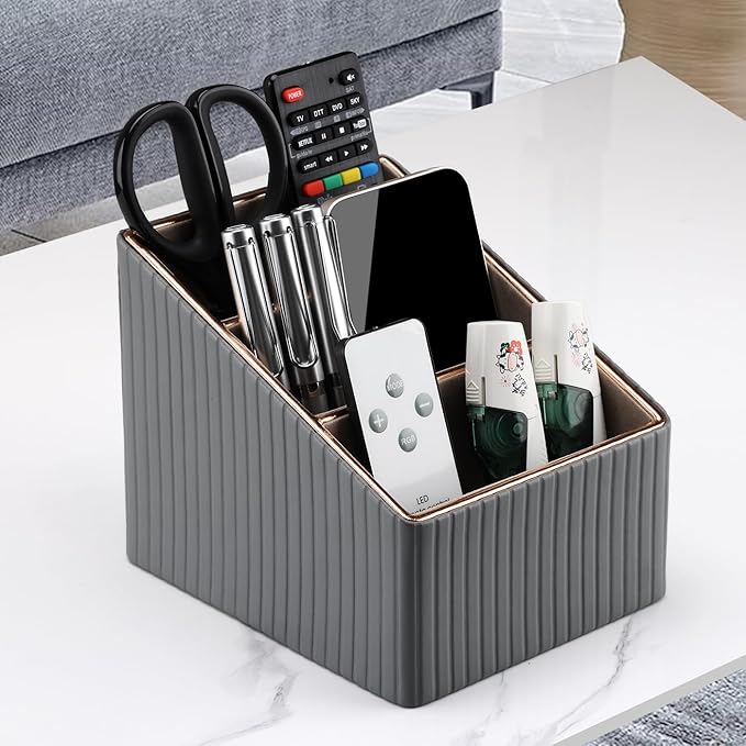 KINGFOM 3 Slot PU Leather Remote Controller Holder, Home Sundries Storage Box, TV Guide/Mail/CD Organizer/Caddy/Holder with Free Cable Desk Organizer (Gray)