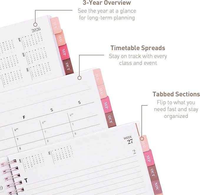 Rileys Academic Planner 2026-2027, Daily, Weekly & Monthly Planner, July 2026 - June 2027, Student Notes Pages, Twin-Wire Binding, Weekly Agenda for School & Work (8 x 6-Inches, Typographic, Pink)