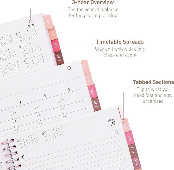 Rileys Academic Planner 2026-2027, Daily, Weekly & Monthly Planner, July 2026 - June 2027, Student Notes Pages, Twin-Wire Binding, Weekly Agenda for School & Work (8 x 6-Inches, Pink)